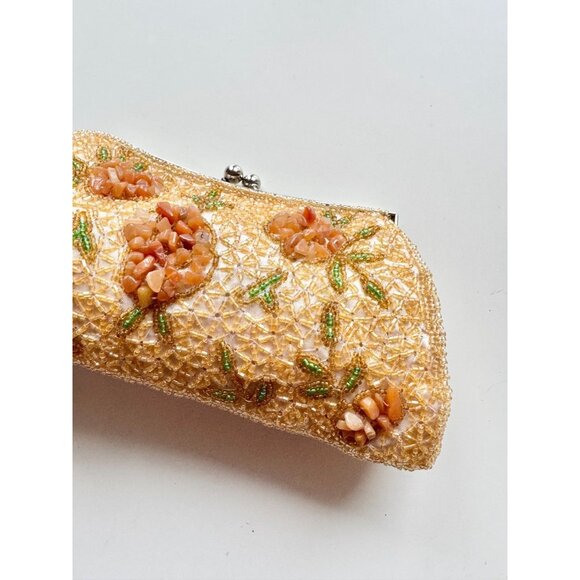Vintage BIJOUX TERNER Yellow Amber Beaded Quartz Sand Satin Evening Purse Bag - Picture 3 of 14